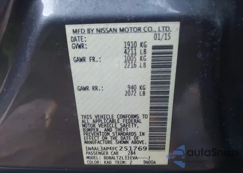 2015 Nissan Altima 2.5 Sl from USA, damaged, VIN 1N4AL3AP4FC251769